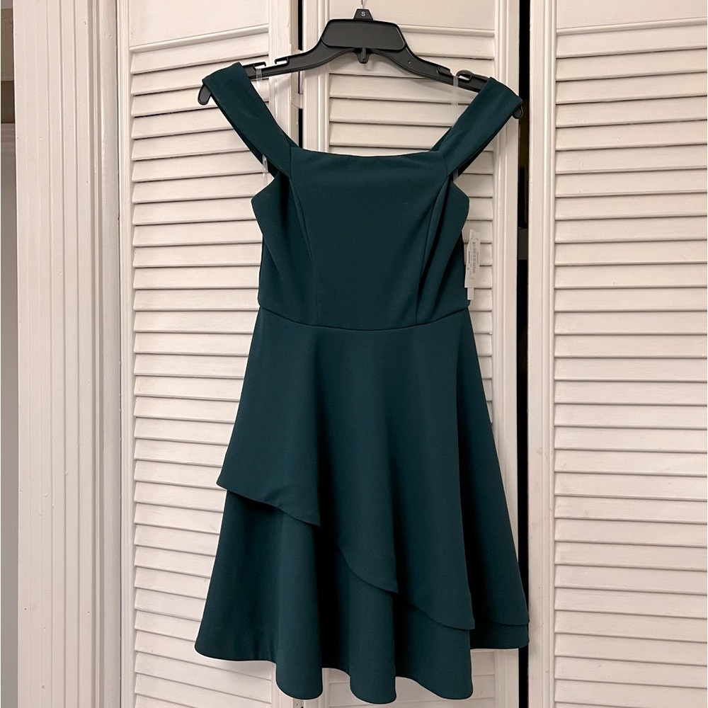 Off the shoulder, emerald green dress